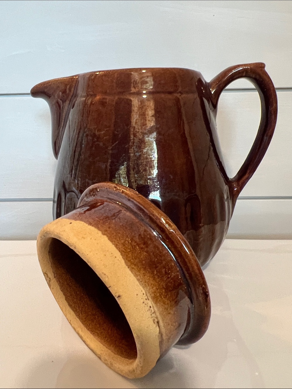 Mid Century Dark Brown Glossy Ceramic Lidded Ribbed Tea - Coffee Pot